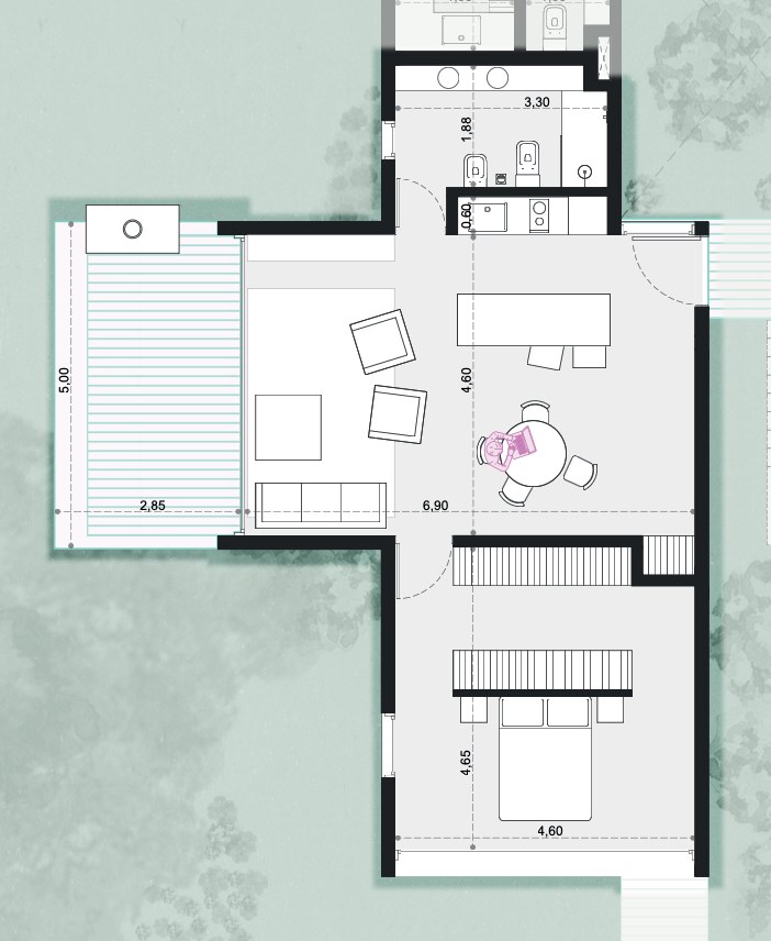 Planta del departamento de dos ambientes del tercer piso