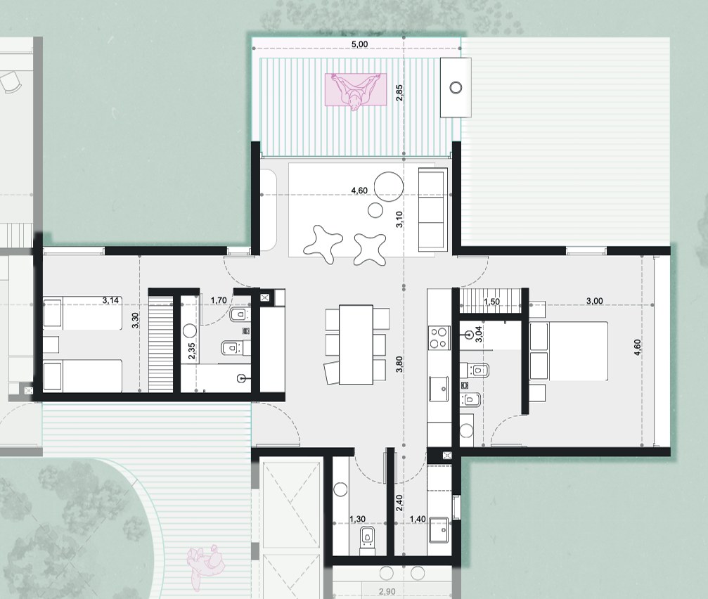 Planta del departamento de tres ambientes del segundo piso
