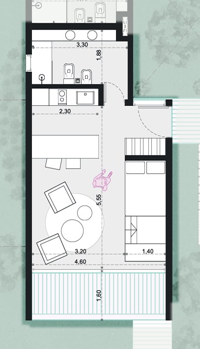Planta del monoambiente del primer piso, con su cocina, su baño y su balcón